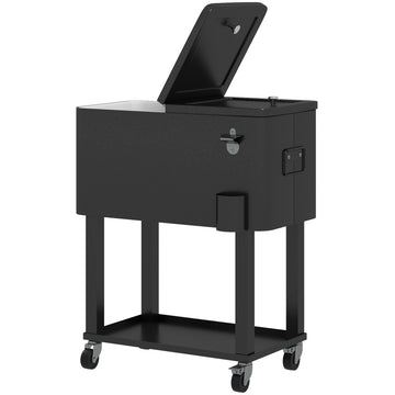 60 Quart Rolling Outdoor Cooler, Portable Rolling Patio Cooler Cart with Locking Wheels, Storage Shelf, Black