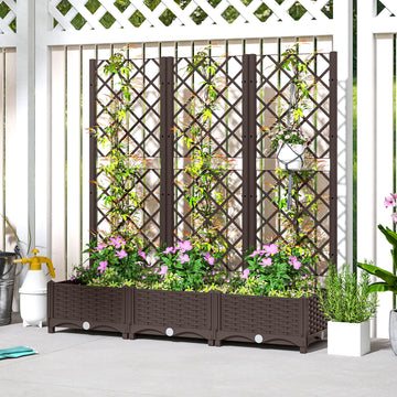 Raised Garden Bed with Trellis, PE Rattan Flower Bed with Drainage Holes and Drain Plugs, 47