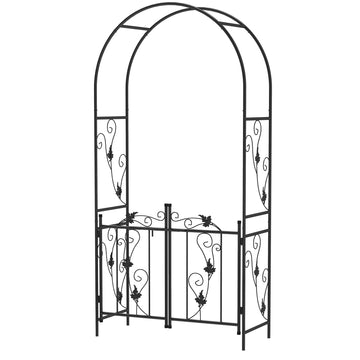7ft Steel Garden Arch with Gate, Garden Arbor Trellis for Climbing Plants, Roses, Vines, Wedding Arch for Outdoor, Garden, Lawn, Backyard, Black