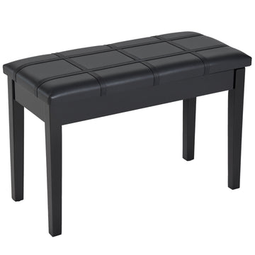 Classic Piano Bench Stool, PU Leather Padded Keyboard Seat with Rubber Wood Legs and Music Storage Compartment, Banded Seat, Black
