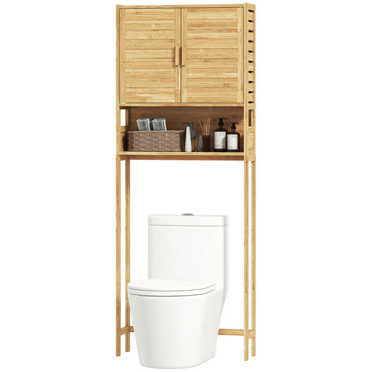 Over the Toilet Cabinet, Bathroom Organizer with 2 Doors, Open Compartment and Adjustable Shelf, Natural Wood Finish
