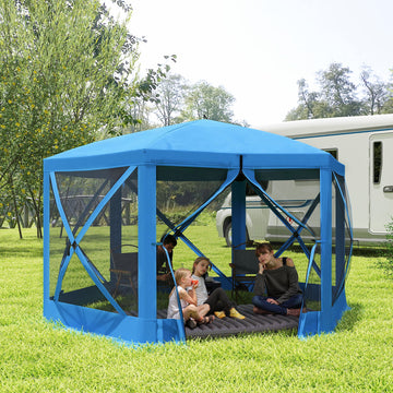 12' x 12' Hexagon Automatic Pop Up Screen Tents Camping Shelter Picnic Canopy Outdoor Sun Shade with Mesh Sidewalls and Carry Bag, Blue