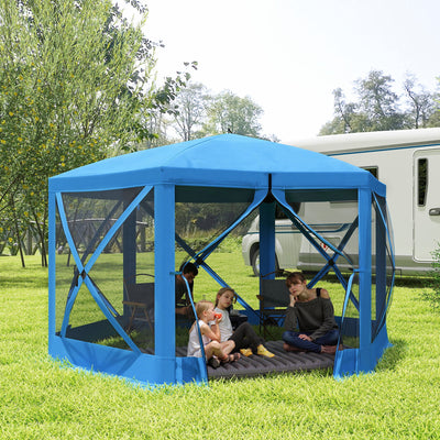 12' x 12' Hexagon Automatic Pop Up Screen Tents Camping Shelter Picnic Canopy Outdoor Sun Shade with Mesh Sidewalls and Carry Bag, Blue