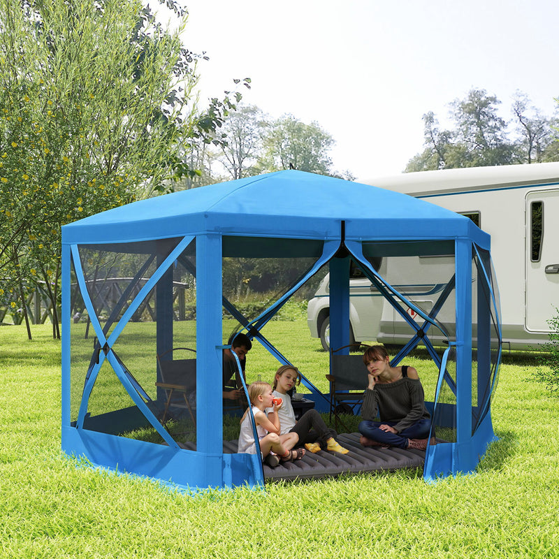 12' x 12' Hexagon Automatic Pop Up Screen Tents Camping Shelter Picnic Canopy Outdoor Sun Shade with Mesh Sidewalls and Carry Bag, Blue