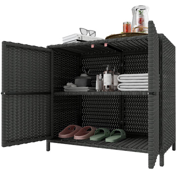 Wicker Outdoor Storage Cabinet Double Magnetic Doors, PE Rattan Outdoor Towel Rack for Pool, Patio, Dark Grey