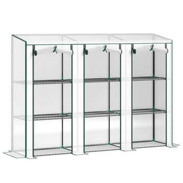 Lean-to Greenhouse with 3 Tier Shelves, Mini Greenhouse with 3 Roll-Up Doors for Indoor Outdoor, White