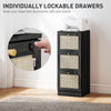 3 Drawer Filing Cabinet with Lock, Boho File Cabinet for A4 Letter Size Files with Decorative Rattan Accents, Black