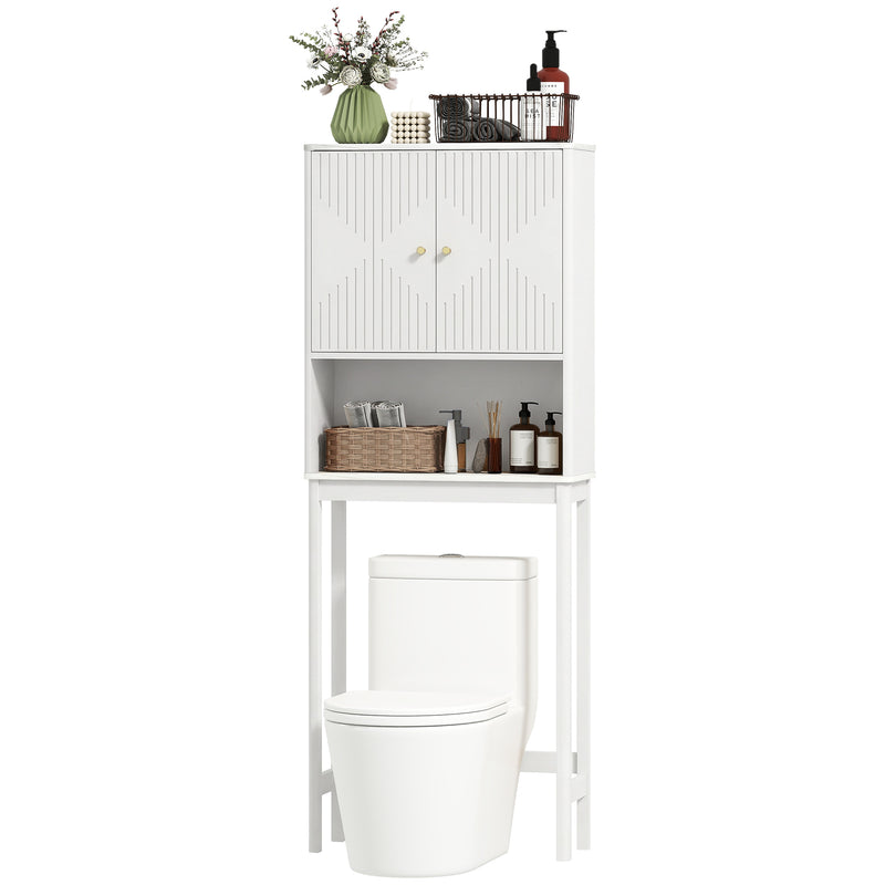 Over The Toilet Storage Cabinet with Adjustable Shelf, Open Shelf and Adjustable Bottom Bar, White