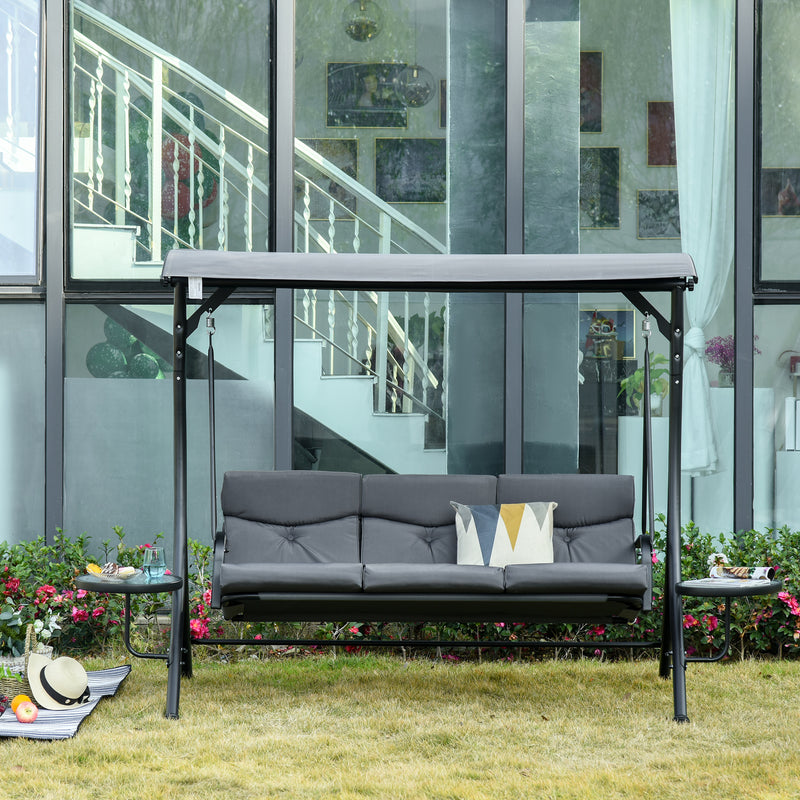 3 Seat Outdoor Swing Chair Steel Swing Bench Porch Swing With Adjustable Canopy, Coffee Tables and Cushion for Patio Garden, Dark