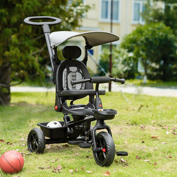 Qaba Tricycle for Toddler 4 in 1 Kids Trike with Reversible Adjustable Seat, Baby Push Bike with Removable Handle, Flat Canopy, Belt Storage Brake Clutch for 1-5 Years, Grey