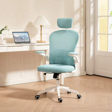 Office Chair, Mesh Computer Desk Chair with Adjustable Headrest, 4D Lumbar Support, Flip-up Arm, Light Green