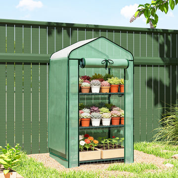 Mini Greenhouse with Screen Roof, Portable Small Greenhouse with Roll-Up Zipper Door, 27.6