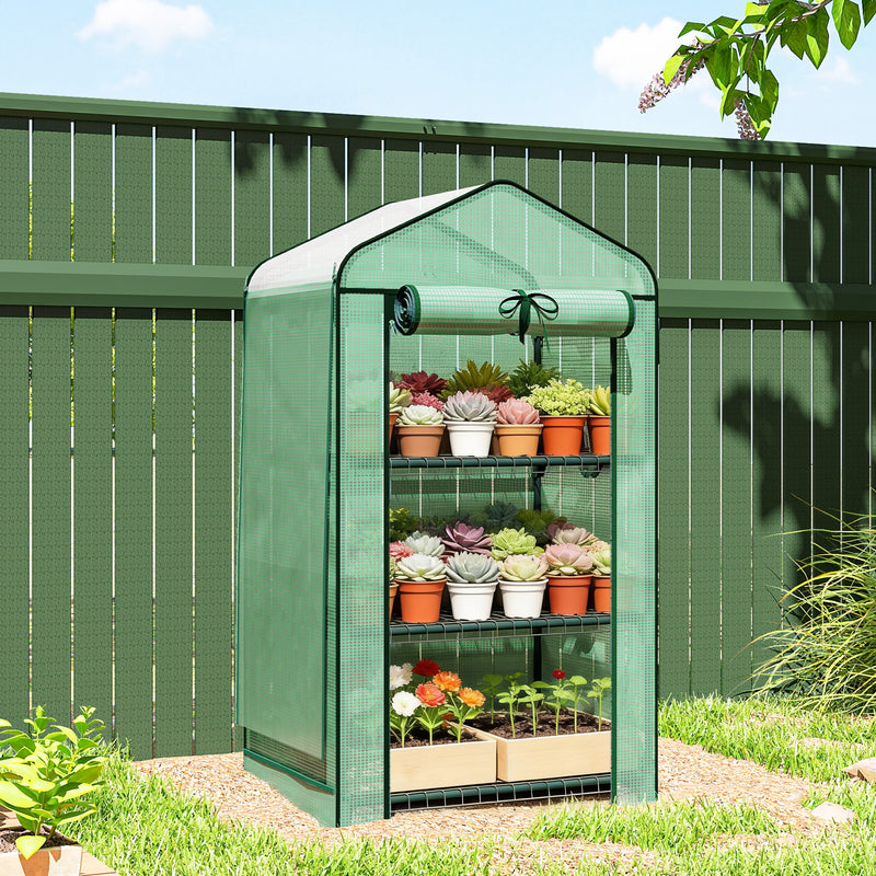Mini Greenhouse with Screen Roof, Portable Small Greenhouse with Roll-Up Zipper Door, 27.6