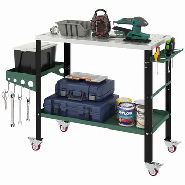 2Tier Rolling Tool Cart with Wheels, Lockable Steel Heavy Duty Cart with Side Tray, Silver & Green