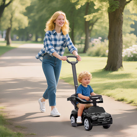 Licensed Mercedes-Benz Push Car for Toddlers, 2-in-1 Sliding Walking Car with Push Handle, Horn, Guardrail, Black
