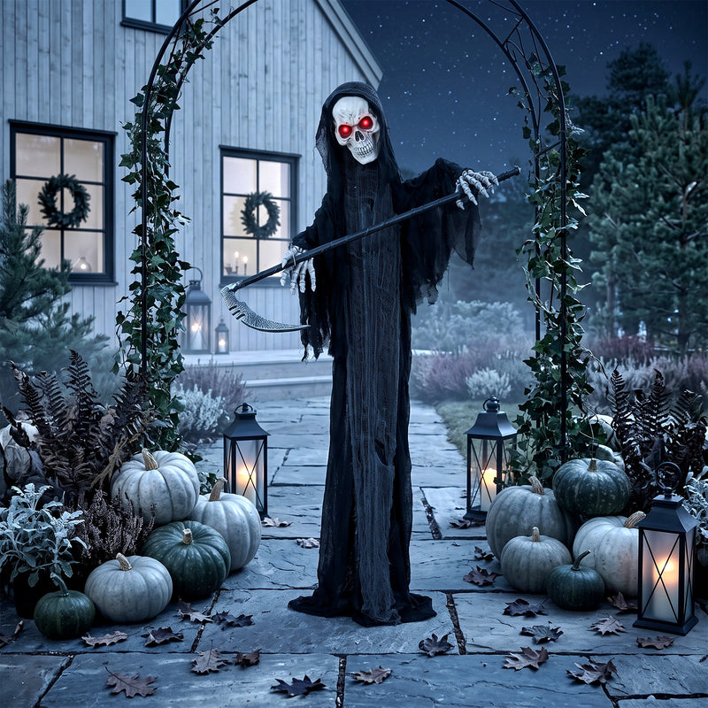 6FT Life Size Halloween Animatronics, Animated Grim Reaper Halloween Decorations with Sound Touch Activated and LED Eyes