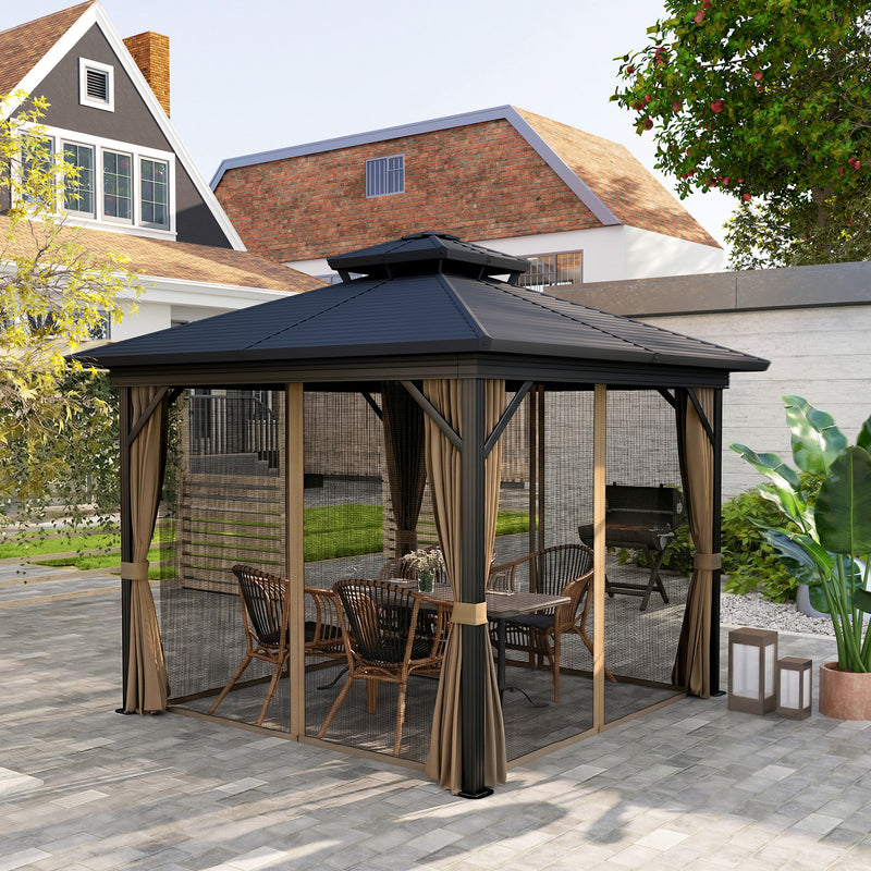 10' x 10' Hardtop Gazebo, Sun Shelter with Double Tier Metal Roof, Mosquito Netting, and Hanging Hook, Dark