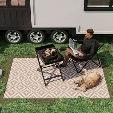 Reversible Outdoor RV Rug, Patio Floor Mat, 6' x 9' Plastic Straw Rug for Backyard, Deck, Beach, Camping, Coffee & White