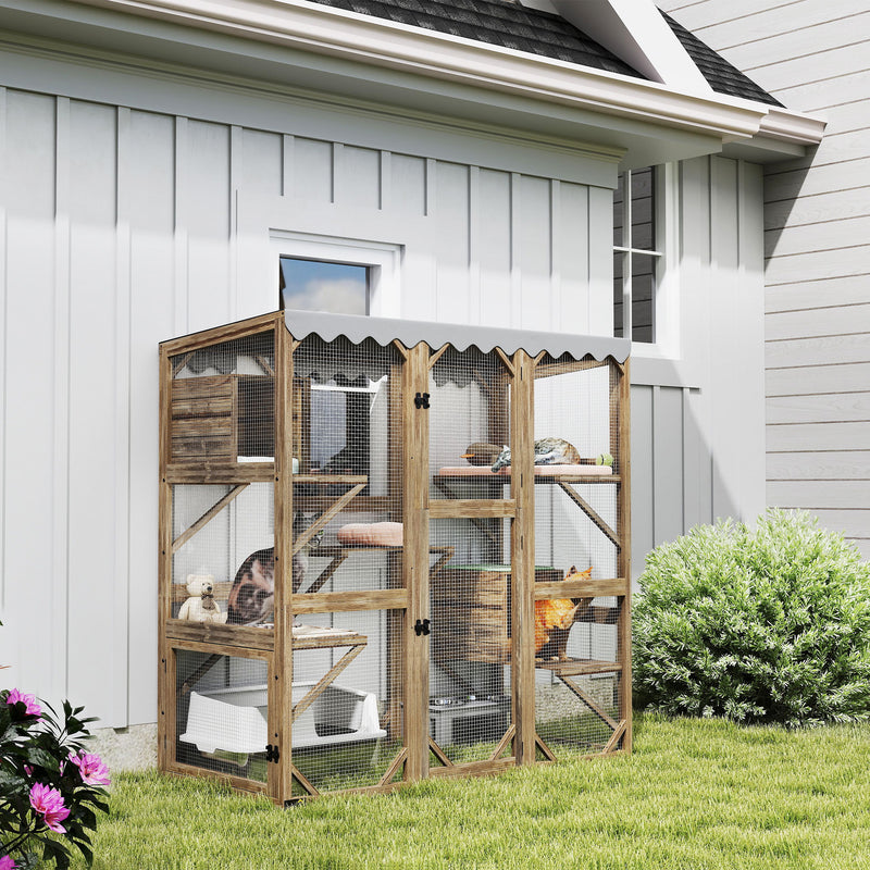 Wooden Catio Outdoor with Window Access, Waterproof Cover, Relaxing Condo, 5 Platforms, Doors, 59