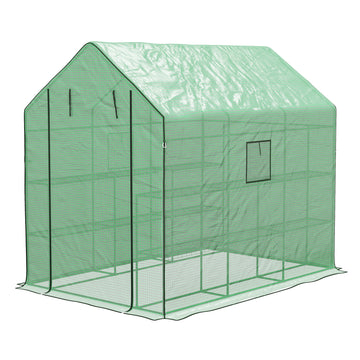 Walk-in Greenhouse with 3 Tier, Garden Plant Growhouse with Roll-up Door and Mesh Windows, 140 x 213 x 190 cm, Green