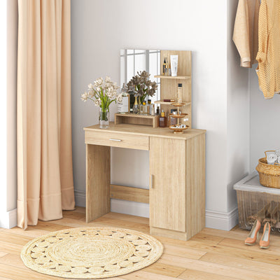 Vanity Desk with Mirror, Makeup Vanity w/ Drawer, Open Compartment and Shelves, Cabinet, Adjustable Shelves for Bedroom