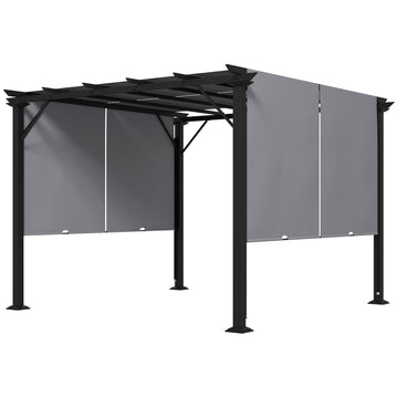 12' x 10' Outdoor Patio Gazebo Pergola with Retractable Canopy Roof, Steel Frame with Stakes, Unique Design, Grey