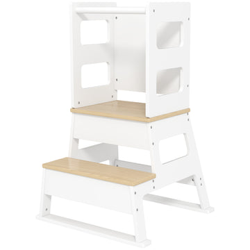 Qaba 2 in 1 Toddler Tower Kitchen Helper w/ Chalkboard, Safety Rail, for Counter, Bathroom, Sink, Kitchen, White