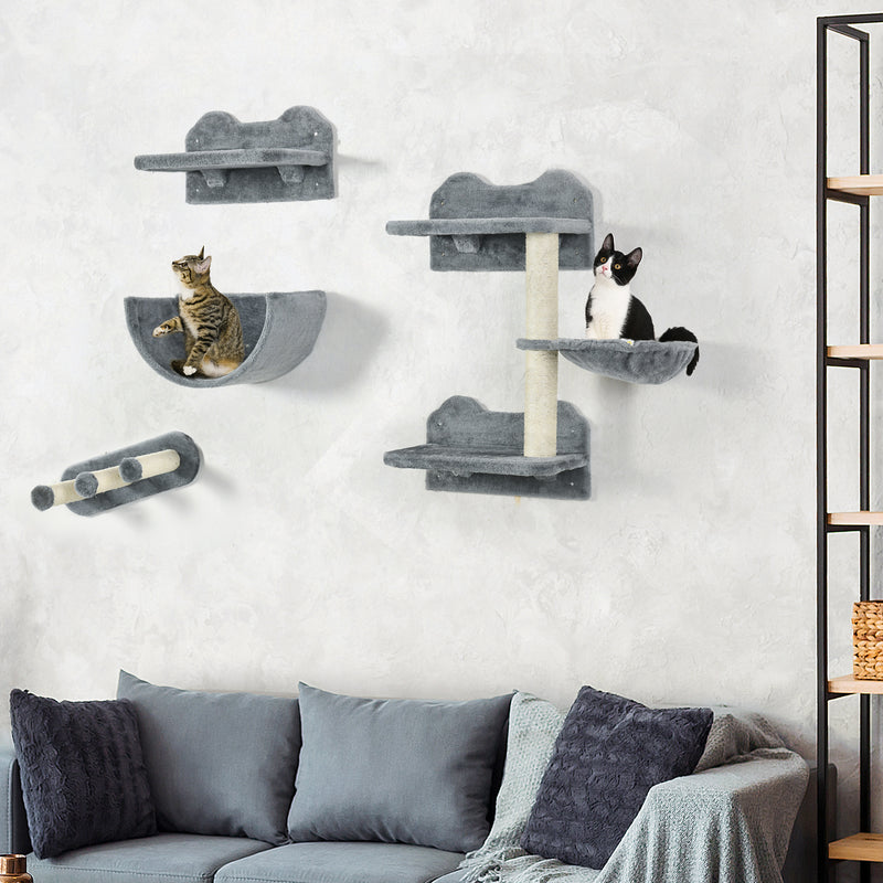 Cat Wall Shelves, 3PCs Cat Shelves with Hammock, Scratching Post, 3 Steps, Jumping Platforms, Wall Mounted Cat Climber, Grey