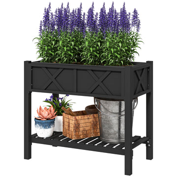 Wooden Raised Garden Bed, Elevated Planter Box with Storage Shelf, Drainage Holes and Liner, 34
