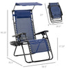 2 Piece Foldable Lounge Chair with Canopy Shade, Outdoor Zero Gravity Chair w/ Side Tray & Cup Holder, Reclining Lounger w/ Breathable Mesh Fabric Seat, Pillow, Blue