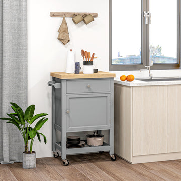 Kitchen Cart on Wheels, Rolling Kitchen Island Cart with Wood Top, Towel Rack, Drawer and Shelf for Dining Area, Grey