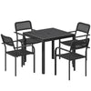 Outdoor Dining Set for 4, Faux Wood Metal Patio Table and Stackable Chairs with Plastic Rattan Effect Seat, Black