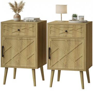 Nightstand Set of 2, Bedside Table Set with Drawer and Cabinet, Side End Table with Storage for Living Room, Oak