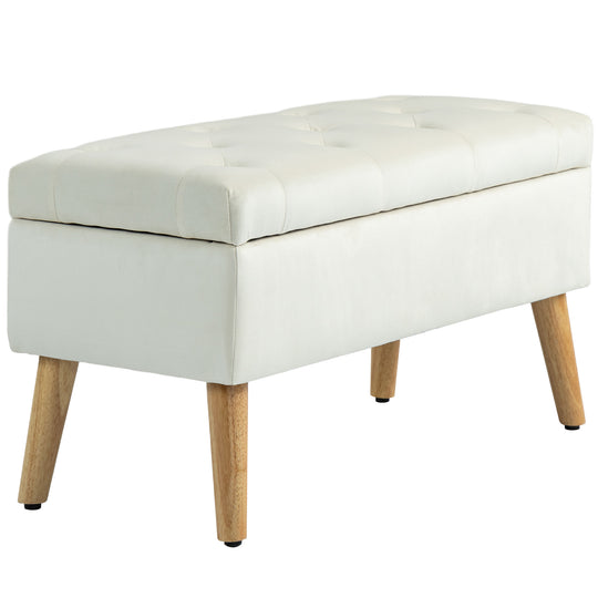 Storage Ottoman with Lid, Velvet Upholstered Storage Bench with Wood Legs for Living Room, Cream White