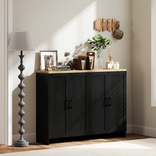 Modern Sideboard Buffet Cabinet, Modern Kitchen Storage Cabinet with 4 Doors Adjustable Shelves, for Dining Room, Black