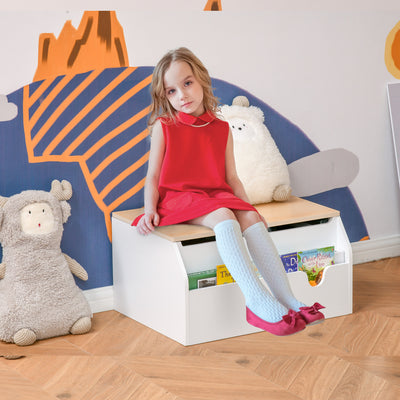 Wooden Kids Toy Box with Lid, Children Storage Organizer with Safety Hinge, Toy Trunk Chest, White