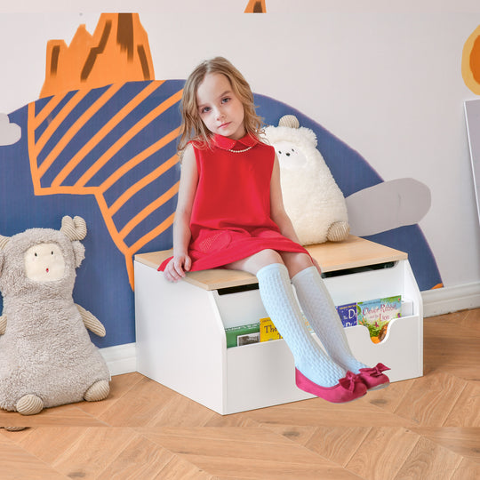 Wooden Kids Toy Box with Lid, Children Storage Organizer with Safety Hinge, Toy Trunk Chest, White