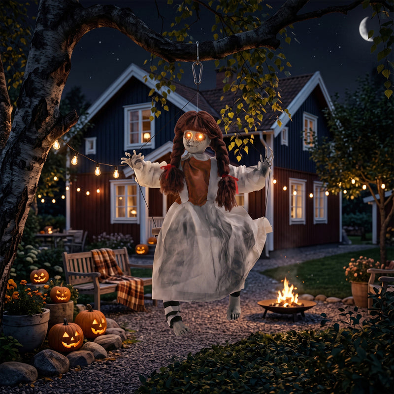 Halloween Animated Hanging Creepy Girl on Swing Decoration, Light-Up Eyes, Sound and Touch Activated