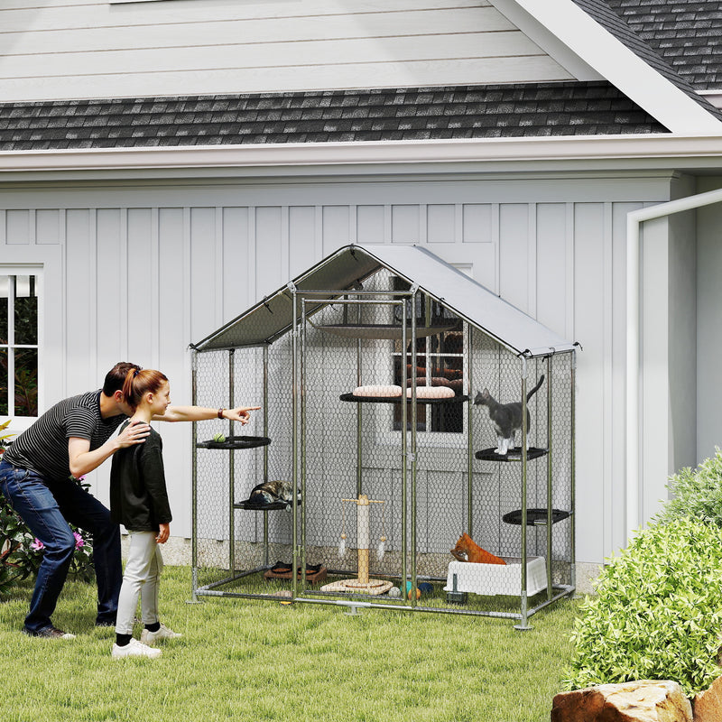 Large Catio Outdoor Cat Enclosure with Waterproof Cover, Walk-in Cat Patio w/ 5 Adjustable Platforms & Hammock 79