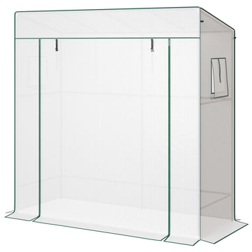 Walk-in Tomato Greenhouse Lean-to Green House with Reinforced PE Cover, Roll-up Door, Mesh Windows, White