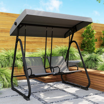 Patio Swing Chair w/Adjustable Canopy Outdoor Porch Swing Glider w/Dual Independent Seats 2-Seat Grey