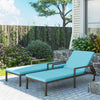 2 Piece Wicker Chaise Lounger PE Rattan Outdoor Lounge Chair Recliner with Adjustable Backrest and 2 Wheels, Sky Blue