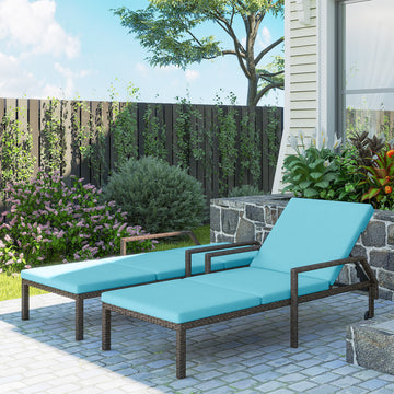 2 Piece Wicker Chaise Lounger PE Rattan Outdoor Lounge Chair Recliner with Adjustable Backrest and 2 Wheels, Sky Blue
