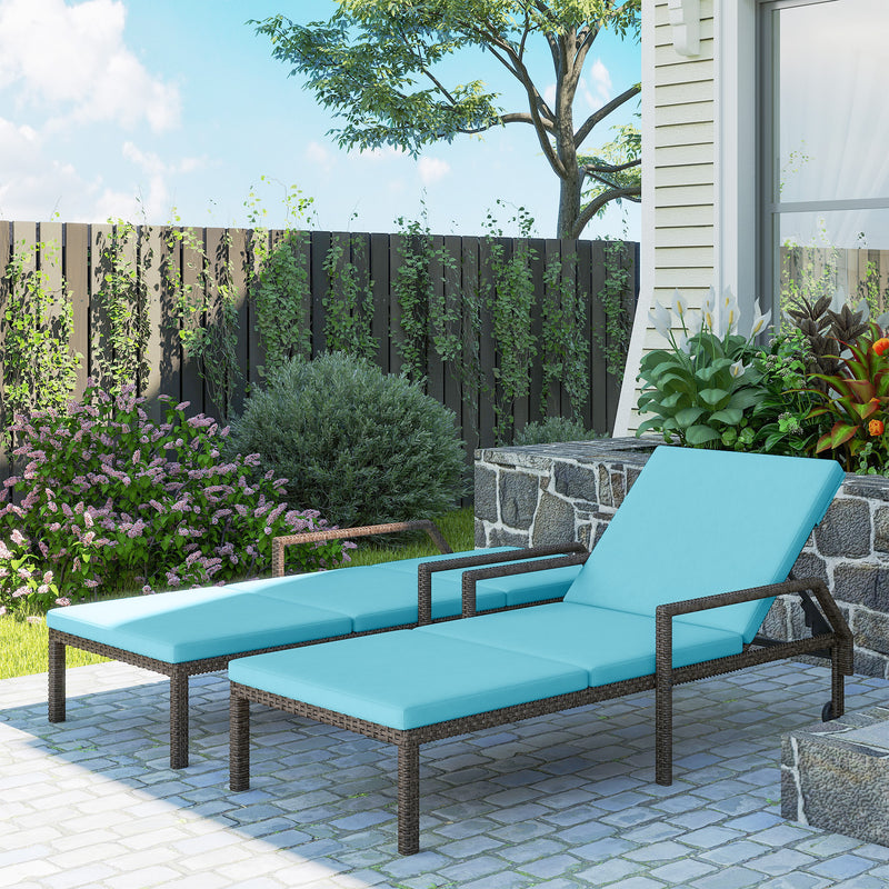 2 Piece Wicker Chaise Lounger PE Rattan Outdoor Lounge Chair Recliner with Adjustable Backrest and 2 Wheels, Sky Blue