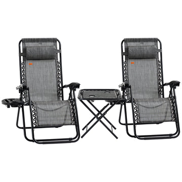 Zero Gravity Chair Set of 2 Patio Chair with Side Table Cupholders and Pillows for Pool, Backyard, Lawn, Beach, Grey