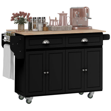 Îlot de cuisine roulant avec rangement, dessus en bois d'hévéa et tablettes ajustables, noir