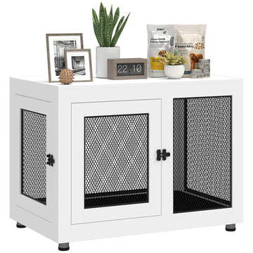 Pet Crate End Table with Water-resistant Cushion or Large Medium Dogs, White