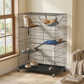 4-Tier Cat Cage, Large Cat Enclosure with Lockable Wheels, Tray, Hammock, Bed, 3 Ramp, 3 Platforms for 3-5 Kittens