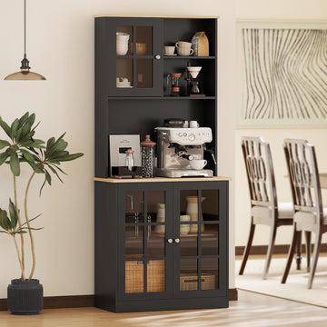 Buffet de cuisine avec huche, garde-manger de rangement avec 3 armoires, 2 tablettes ouvertes et grand comptoir, noir