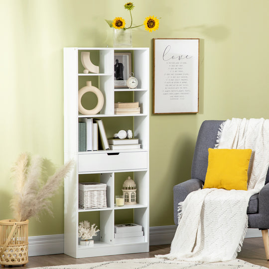 Tall Bookshelf with Drawer, Freestanding Bookcase for Bedroom, Living Room, Home Office, White